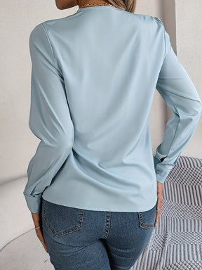 Blusa Elegory Manga Longa com Decote em V Azul + Conjunto de Colares de Brinde