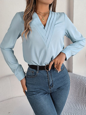 Blusa Elegory Manga Longa com Decote em V Azul + Conjunto de Colares de Brinde