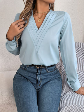 Blusa Elegory Manga Longa com Decote em V Azul + Conjunto de Colares de Brinde